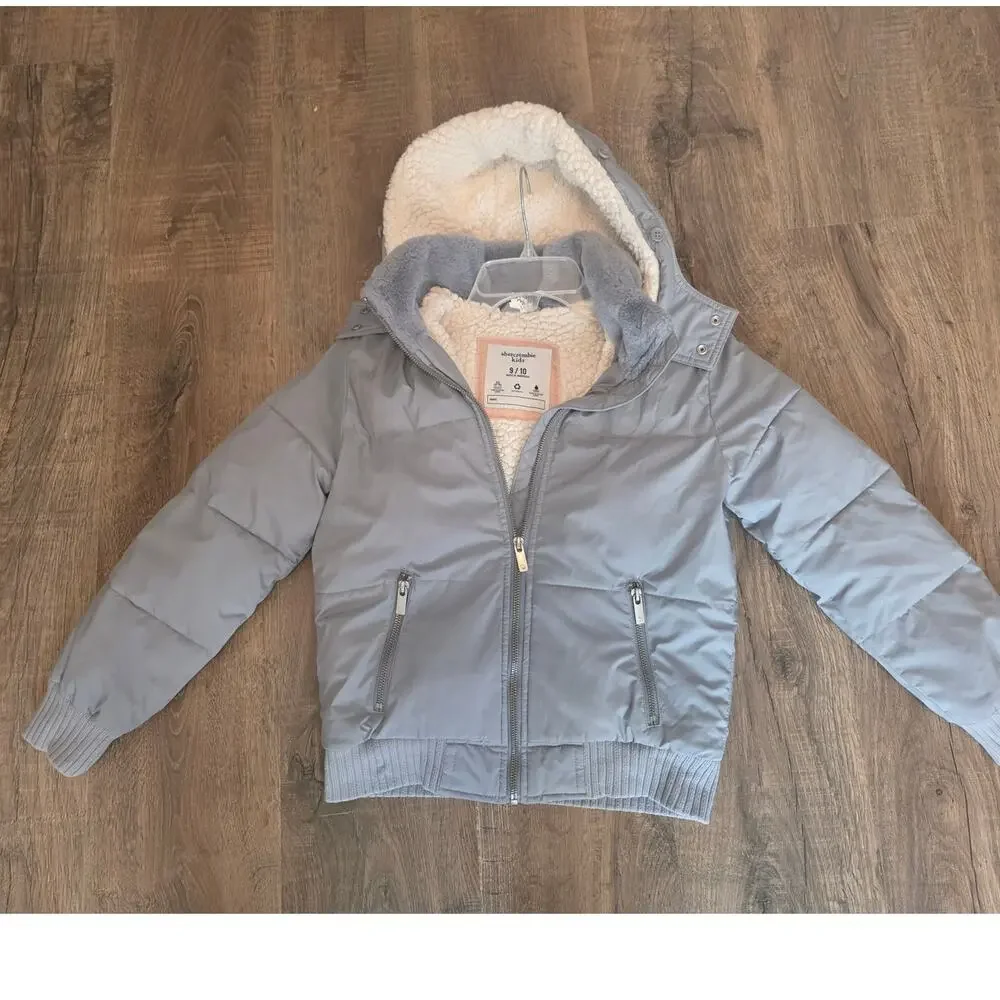 Abercrombie & Fitch Girls Sherpa Lined Gray Thick Full Zip Hooded Jacket 9 10